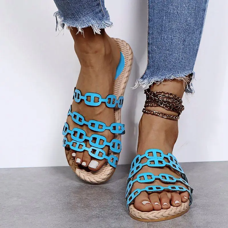 

2021 European&American new arrival women's shoes plus size fashion flat-bottom beach casual chain sandals, Four colors or customized