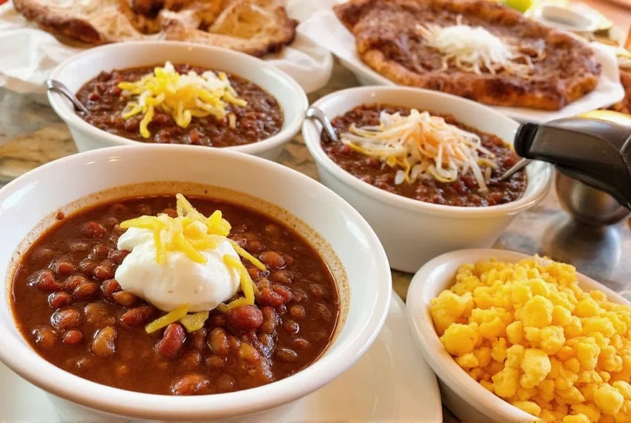 Tolbert's Chili Parlor signature chili served in traditional bowls with toppings bar featuring onions, cheese, and oyster crackers