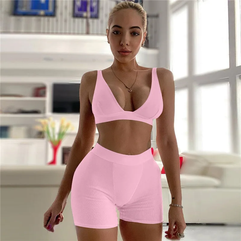 

New arrival woman clothing solid color shorts deep v high waist workout clothes sexy backless ladies two-piece shorts set, 8 colors