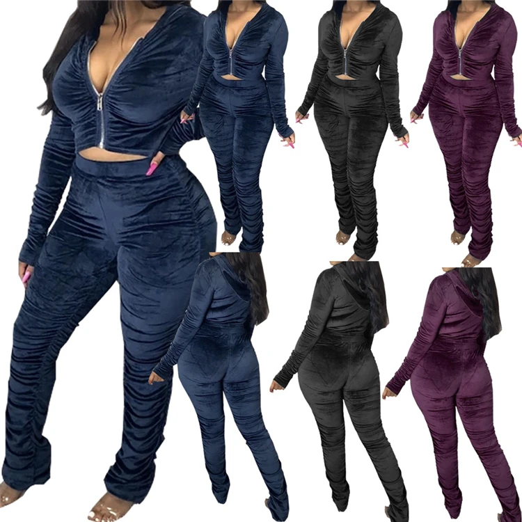 

2022 New Arrivals Xs To 3Xl Stacked Pants Two Piece Sweatpants Set Velvet Tracksuit Winter Clothes For Women Clothing