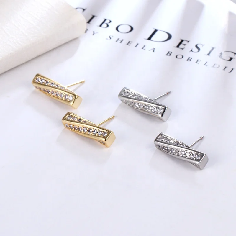 

French Personalized Hip Hop Fashion Cubic Zirconia Geometric Cylindrical Minimalist Gold Plated Stud Earrings Women Jewelry, Gold silver