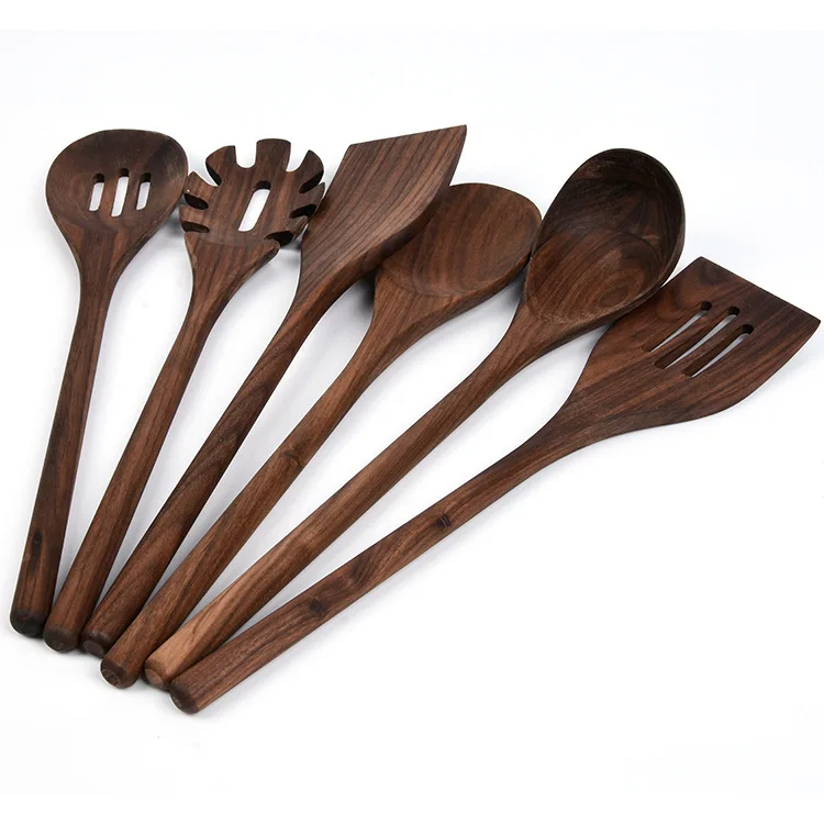 

Hot Selling Special Gift 6 pieces Personalized Kitchen Utensils Black Walnut Wood Cookware Utensil Kitchen Set Spoon And Spatula