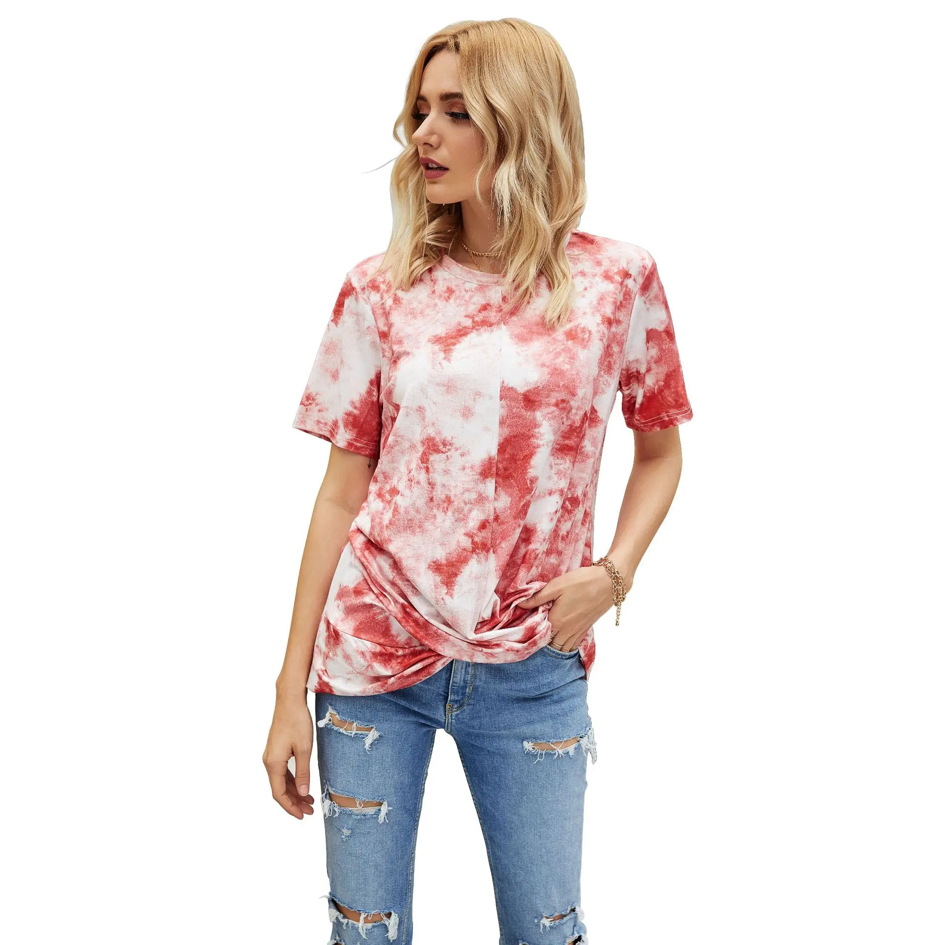 

Fashion Short-sleeved Lady T-Shirt round neck tie-dye twisted Casual t-shirt top clothes For Women, Customized color