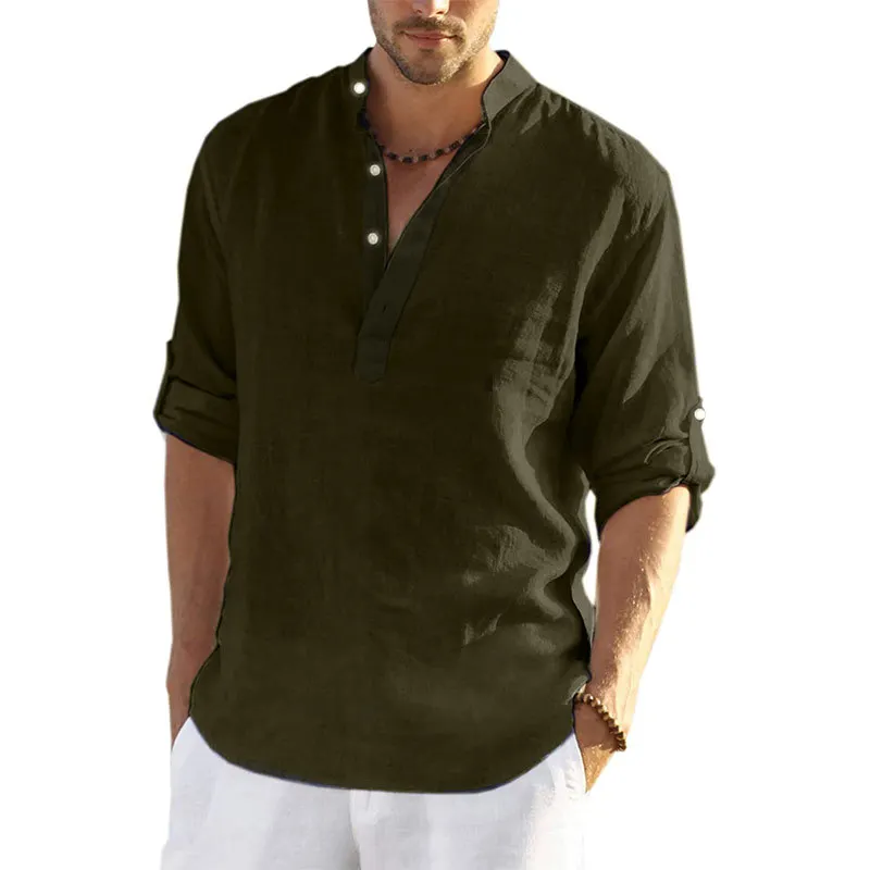 

Men's Cotton Linen Henley Shirt Long Sleeve Hippie Casual Beach T Shirts