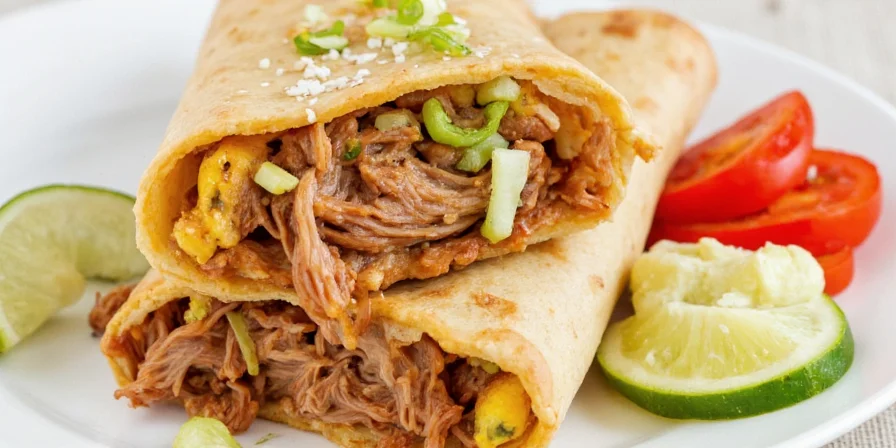Finished pulled pork burrito with colorful ingredients.
