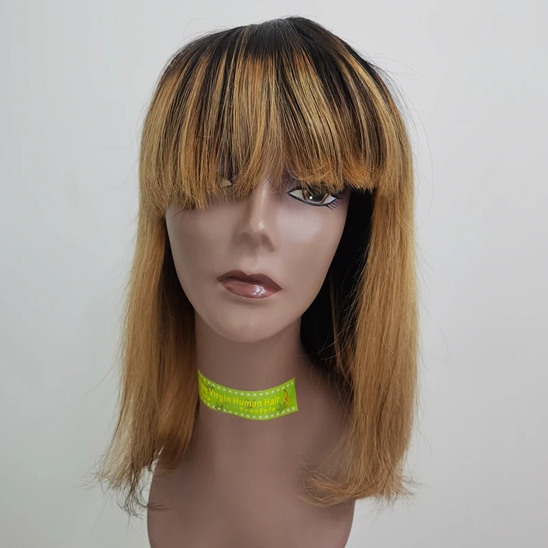 

LetsFly 100% 1B/27 Color Short Bob Wig With Bangs For Women Brazilian Virgin Remy Straight Human Hair Bob Style Cut wig