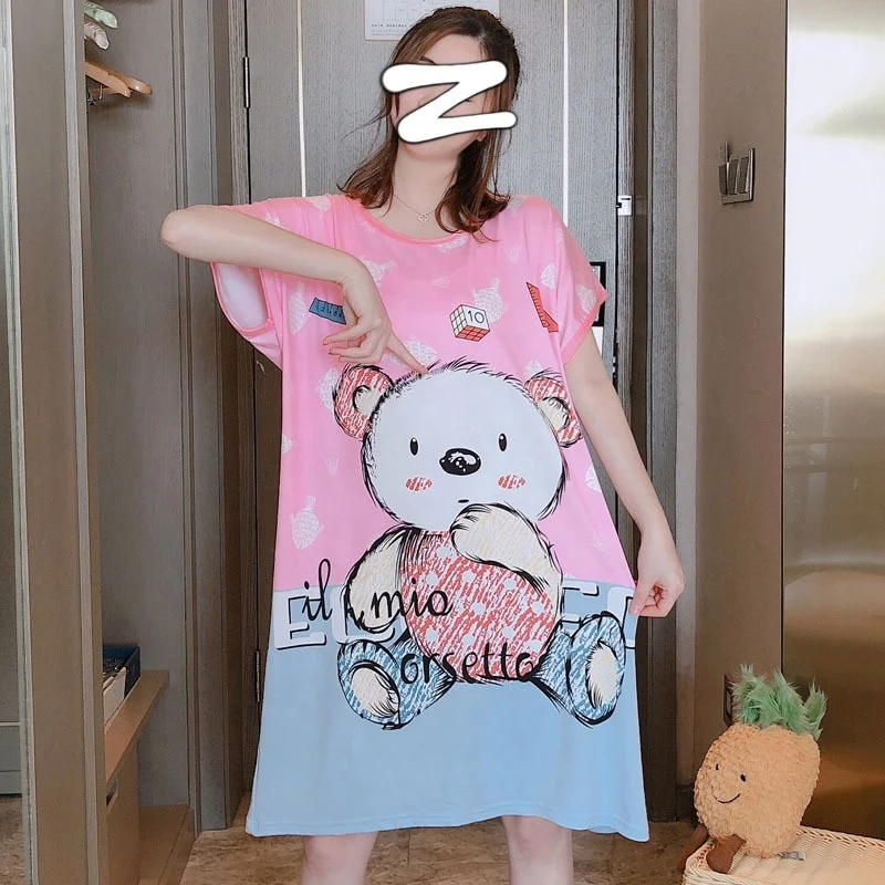 

Cartoon Plus Size Loose Short Sleeve Milk Silk Night Wear Dresses Pajamas