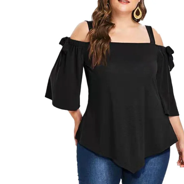 

Suntoday Tunic Shirt Flare Sleeves Trendy Bow Decorated Asymmetric Hem Straps Lady Blouses & Tops Plus Size T-shirt Women, Customized color