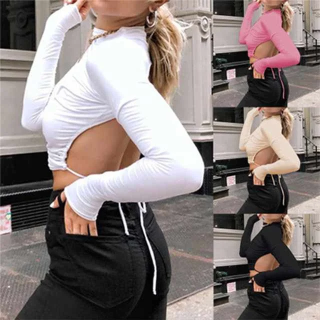 

Hot Sale Sexy Cropped Tops Strap Solid Color Long-sleeved Ladies T-shirt Open Back Top Women, Picture color