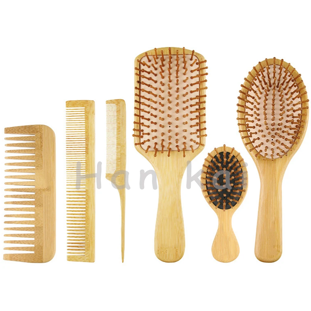 

Wholesale high quality 6 In 1 Natural Bamboo Paddle Wooden Hair Detangling Comb And Massage Brush Set