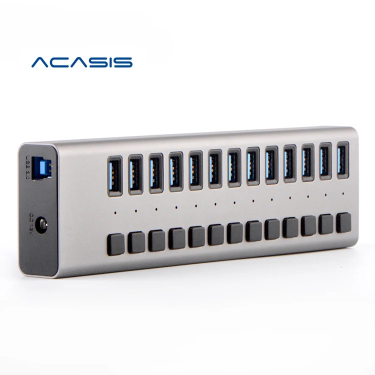 

Acasis USB Hub with 13 independent USB 3.0 Ports charging+transmission 2 in 1 hub with button for for Data Transfer, Black/ silver/ gray