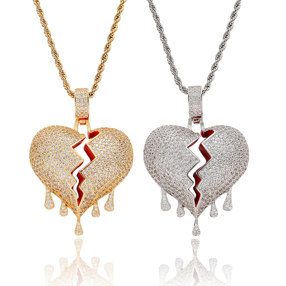 

european and american fashion copper top iced out broken heart water drip hip hop couple necklace pendant, Gold/silver