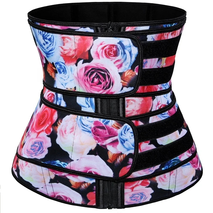 

New listing custom logo flower printing slimming double strap neoprene waist trainer private label double belt waist trimmer