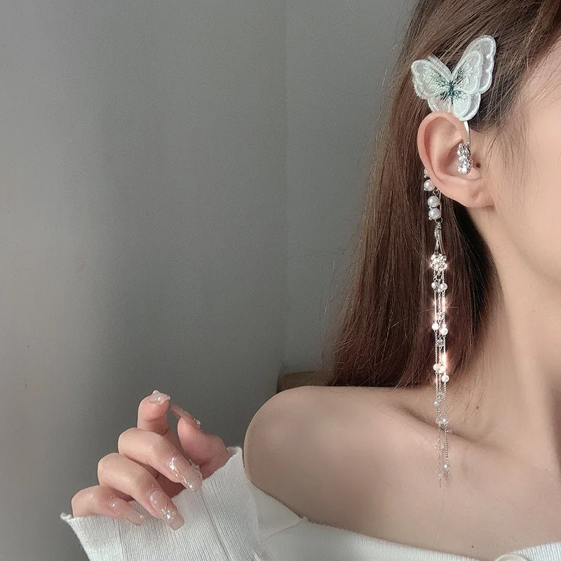 

Embroidery Butterfly Long Rhinestone Pearl Tassel Earrings Without Pierced Ear Clip Fashion Girl Earrings 2021, Like picture