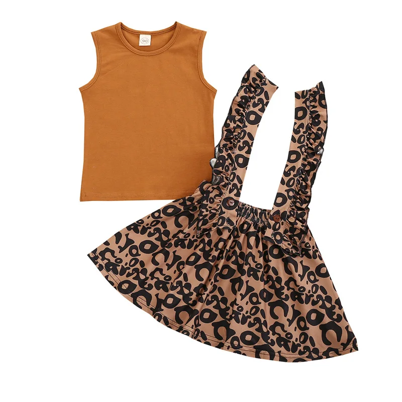 

Amazon hot selling Cute baby girls Solid Tank Top and Leopard Suspender Skirt Outfits Clothing Set