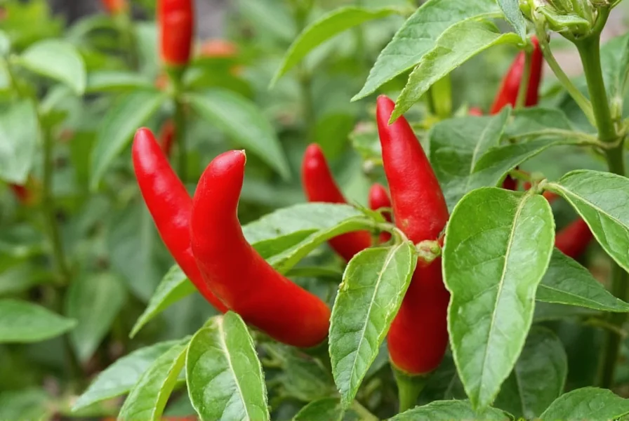 Red fresno chili pepper plants growing in a garden with ripe peppers visible