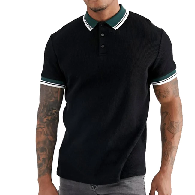 

Wholesale street men embroidered 100% cotton knit Button placket black Polo shirt, Customized color