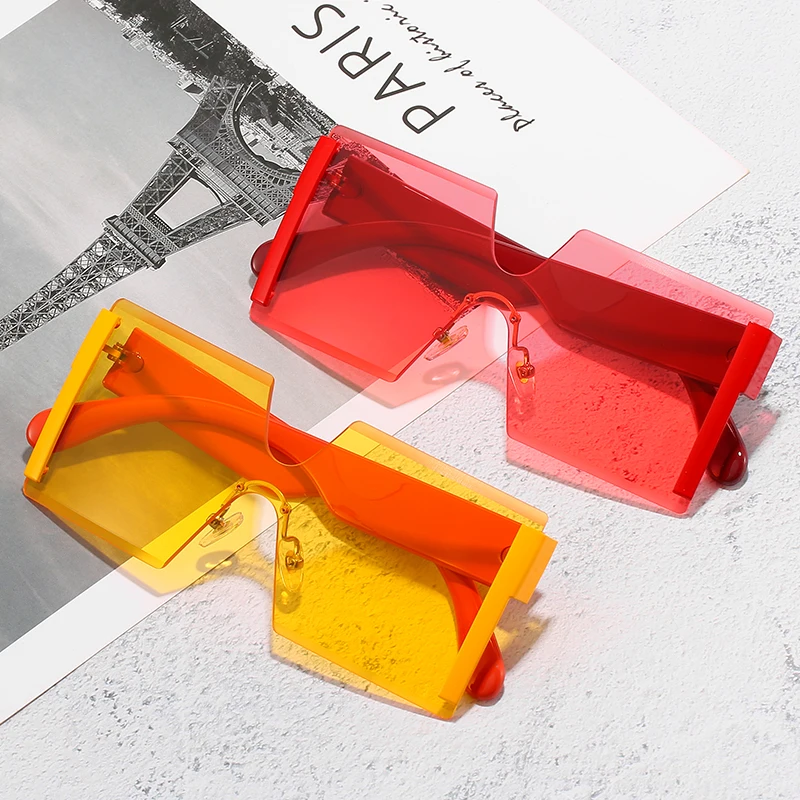 

EUGENIA Ladies Rimless Square Big Frame Wholesale Oversized One Piece PC Lens Unisex Glasses Print Sunglasses Custom Logo