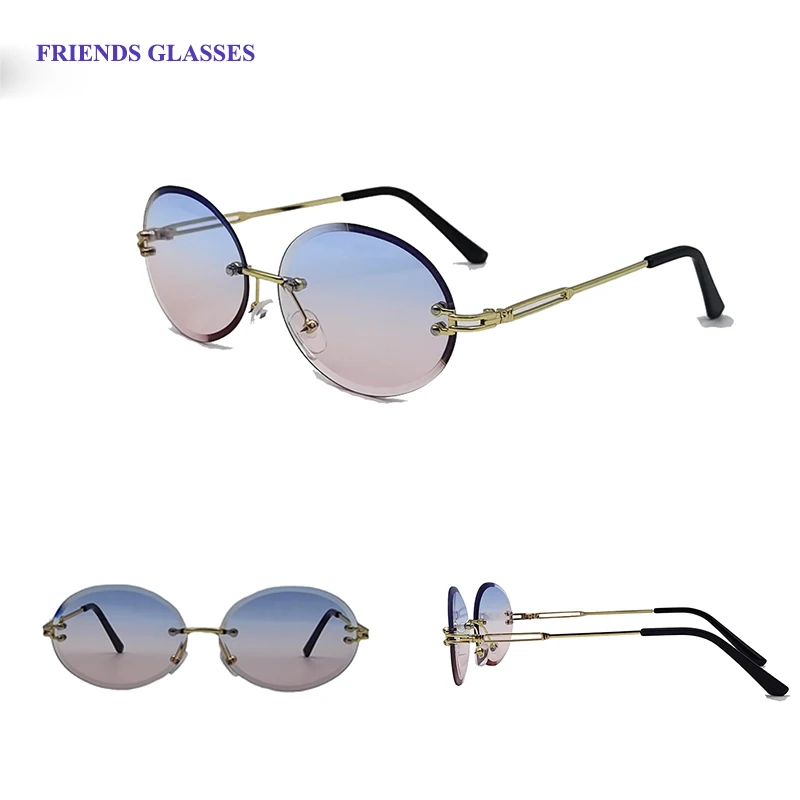 

Custom Logo Metal 2021 Ladies Hot Trendy Women Small Gradient Vintage Rimless Oval Shades Sunglasses Luxury