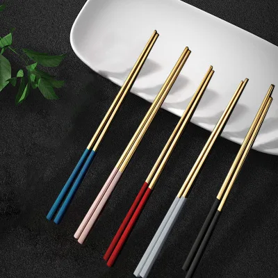 

High Quality Reusable Custom Square Shape Luxury Cute Titanium Plated Color Korean Sushi Silver Stainless Steel Chopstick