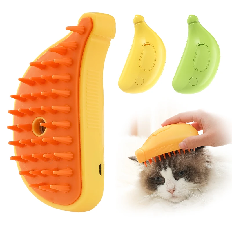 

banana design pet grooming comb electric self-cleaning hair removal slicker brush cheap 3 in1 steam cat brush for dogs and cats