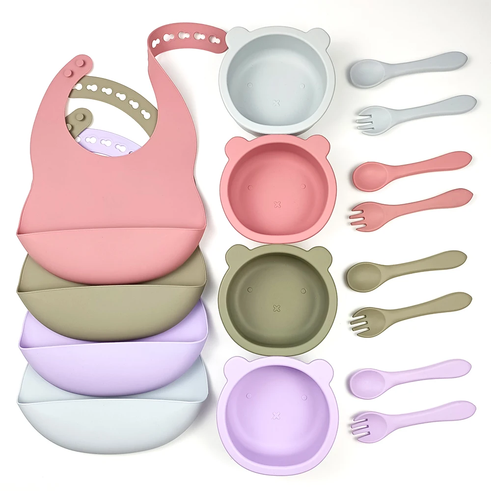 

Ready To Ship Baby Silicone Feeding Set Infant Waterproof Bib Suction Plate With Cutlery Kits Babero Bowl With Suction Bottom
