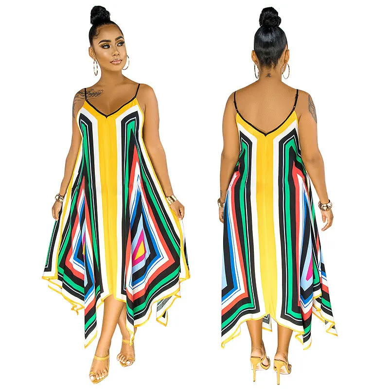 

20420-MX98 Irregular spaghetti strap african printed style dress women sehe fashion