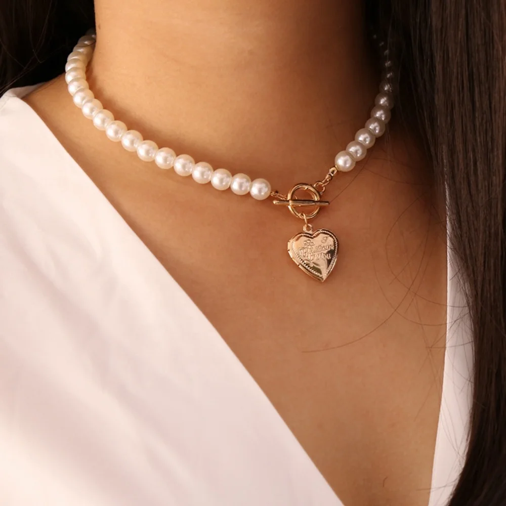 

Fashion Pearl Necklace For Women Girls Gold Plated Heart Locket Necklace
