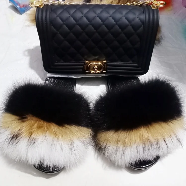 

Best sellling Custom Fluffy Real Raccoon Fox Fur Slipppers Fur Slides And Matching Purse Bag Sets, Customized color