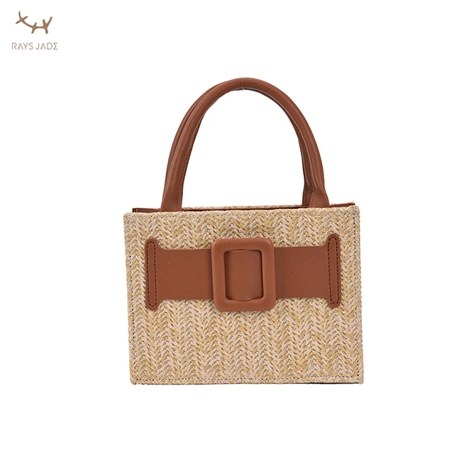 

Fashionable woven hand made lady's chain crossbody shoulder bag handbag natural straw beach bags with leather handle, Customizable