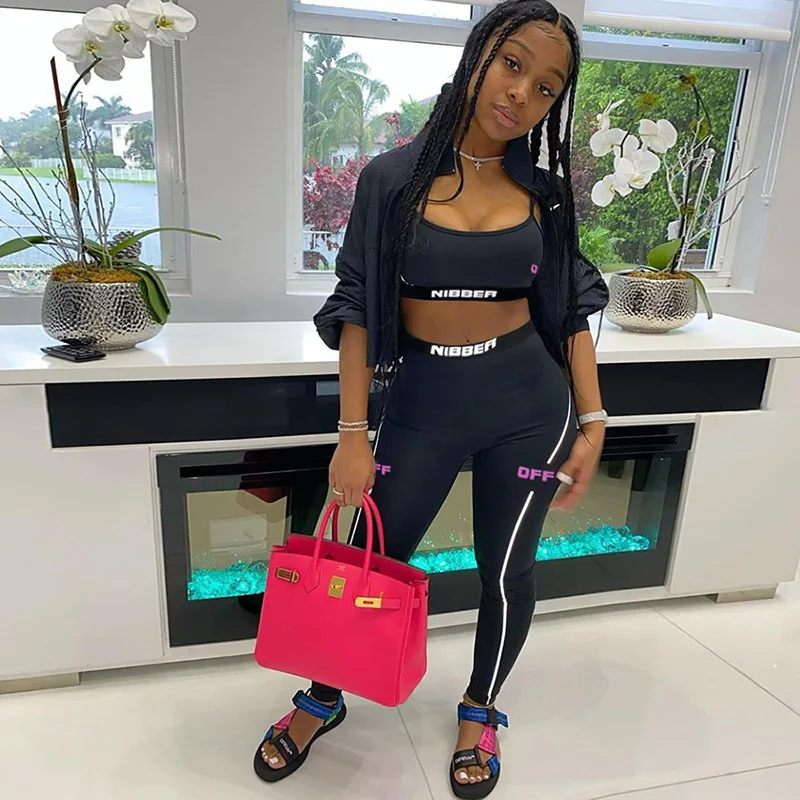 

Nibber S1737597 Custom Letter Striped Printed Sleeveless Fitness Casual Sporty Tracksuit Tank top & Leggings Women Two Piece Set, Black