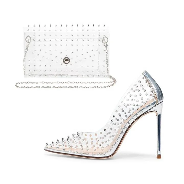 

Exquisite women's sexy luxury women's shoes new model sexy pointed toe pvc rivet pumps with fashionable handbag, Sliver