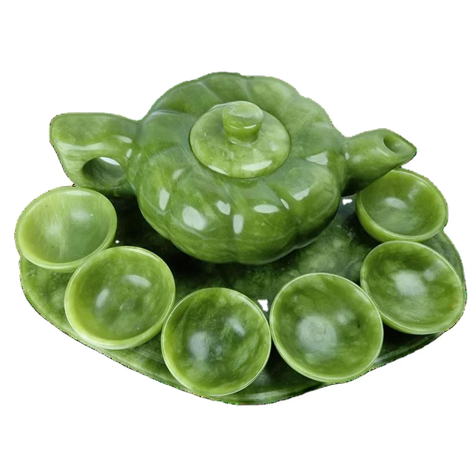 Chinese Traditional Handcraft Jade Teapot With 6 Cups and 1 Jade Plate Set Collectible Jade Teapots & Tea Sets