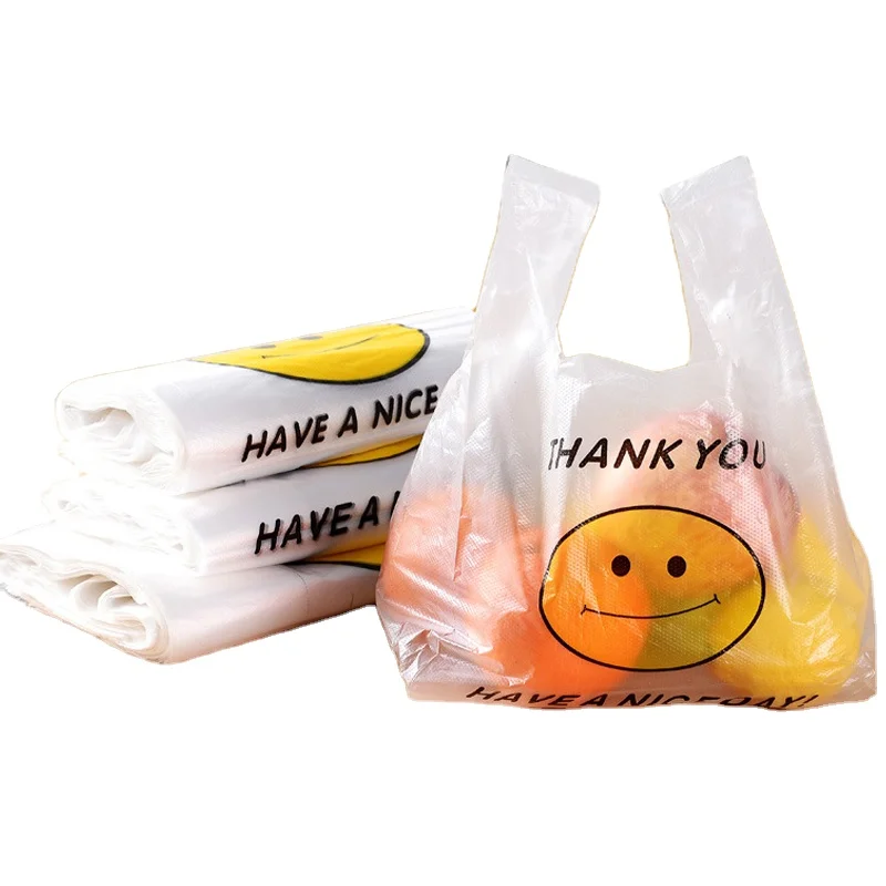 

100PCS / PACK Eco Supermarket Retailing Custom Transparent Plastic Net Grocery Shopping Bag Smiley Vest Thank You Plastic Bag, 1 colors