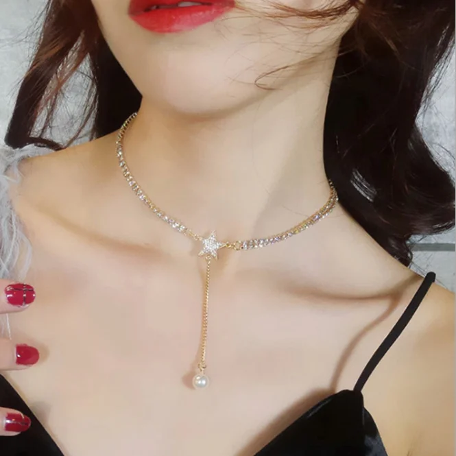 

00281-8 Fashion new full diamond crystal rhinestone star clavicle chain women short neck jewelry pearl pendant choker necklaces