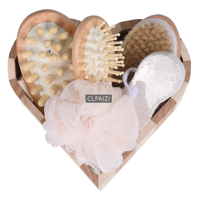 

TREESMILE natural bath set high quality wood heart box OEM logo body massage brushes products bathroom gift sets, Natural wood