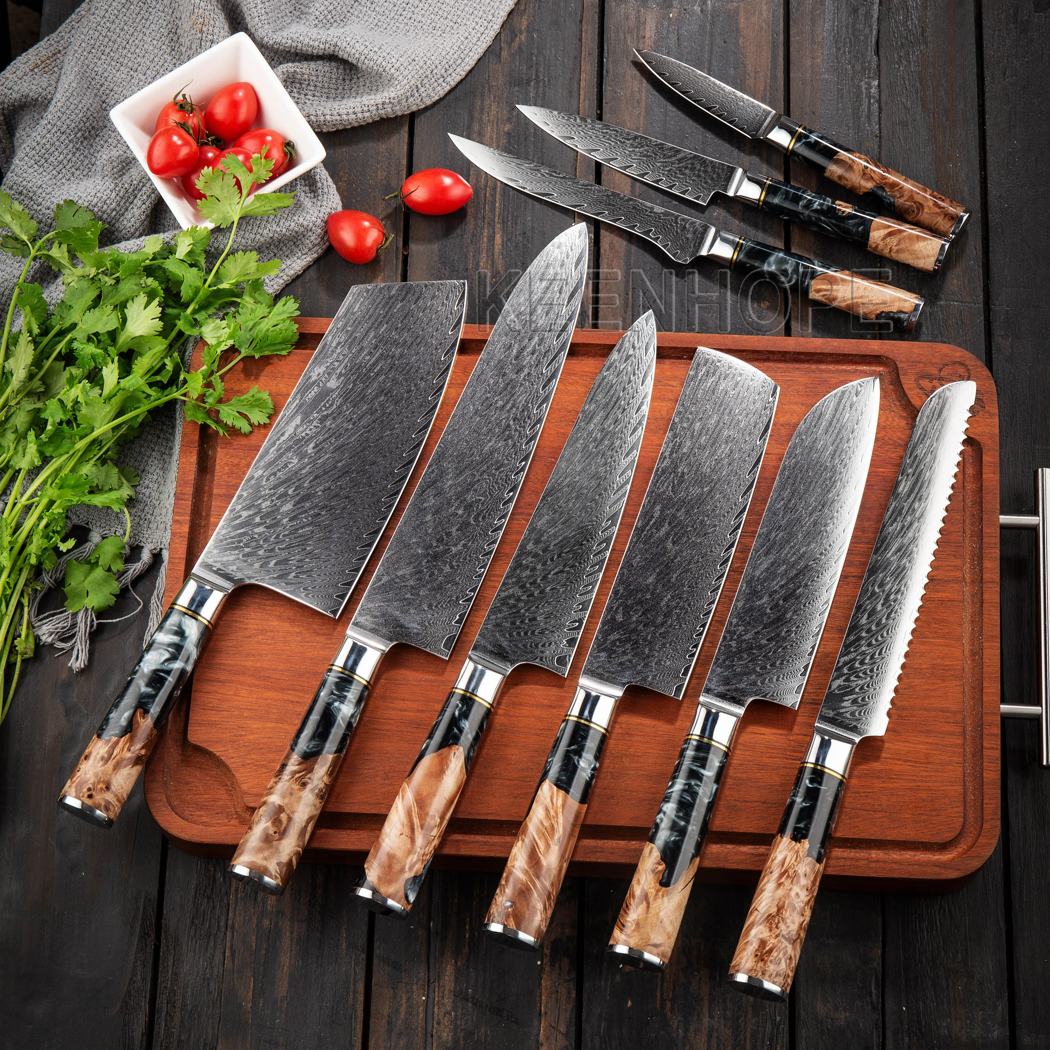

Kitchen Knives Set with Composited Resin And Maple Burl Wood Handle 9 pcs 67 Layers Damascus VG10 Knife Set
