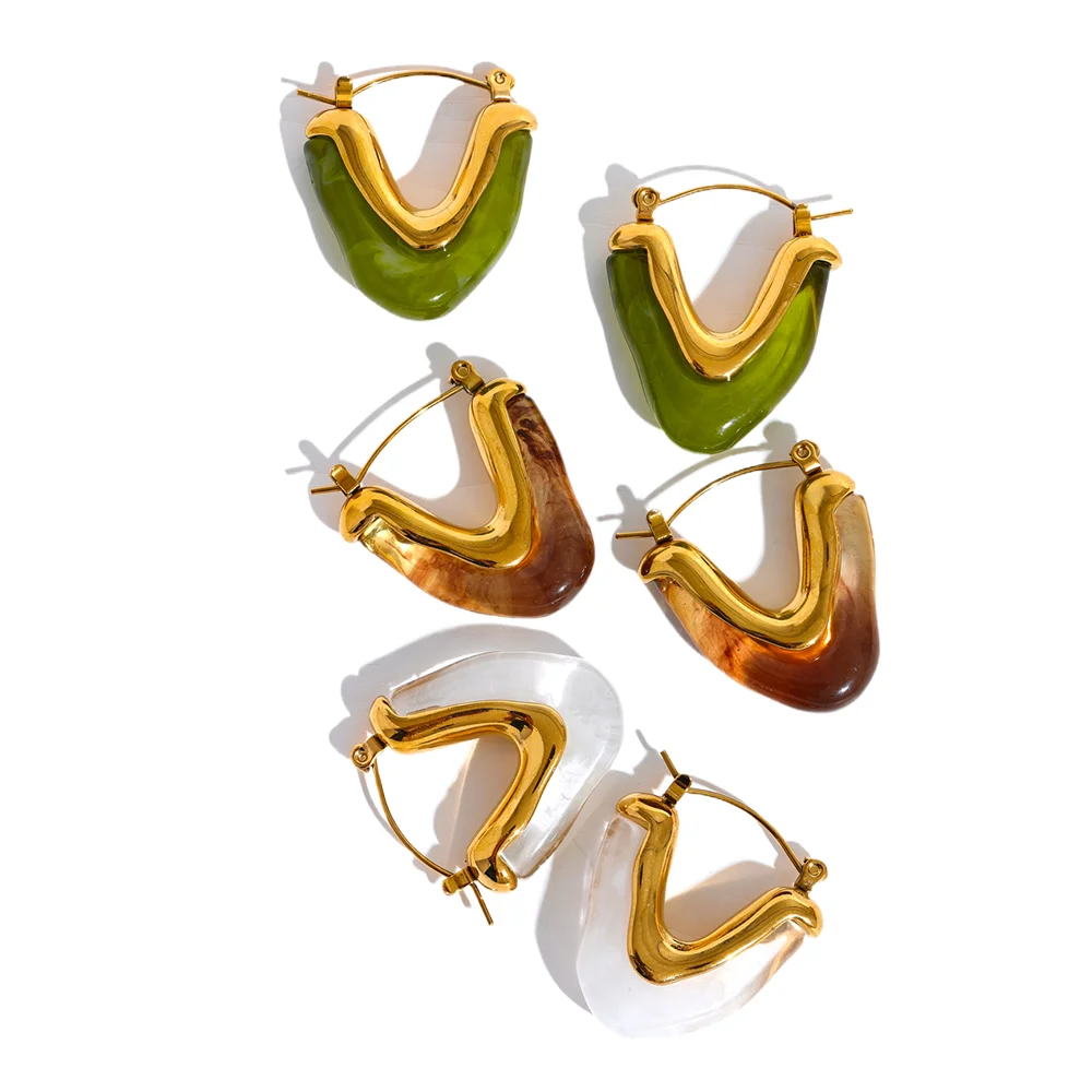 

JNYOU 193 Fashion Acetic Acid Acrylic Stainless Steel V Shape Triangle Hoop Earrings Women Temperament Charm Jewelry 2023 Gift