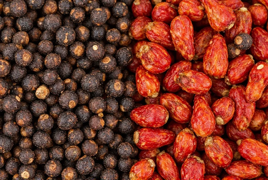 Close-up of freshly cracked Chinese black peppercorns and Sichuan peppercorns side by side for authentic Chinese pepper chicken recipe