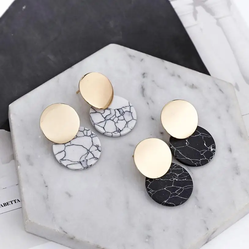 

Simple Retro Black and White Female Earrings Round Marble Stripes Dangle Drop Fashion Earrings Jewelry, As shown