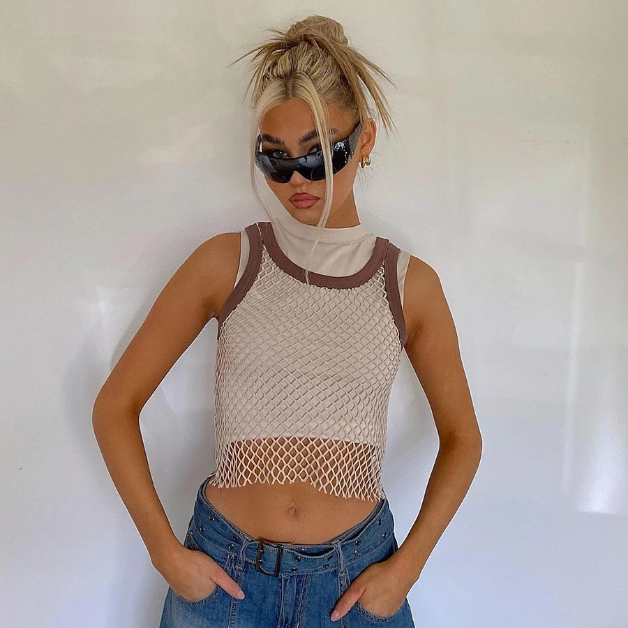 

Nibber K20B11413 Summer New Fashion Club Dress Handsome Street Hipster Hot Hollow Sexy Patchwork Grid Vest Crop Tops Camisole