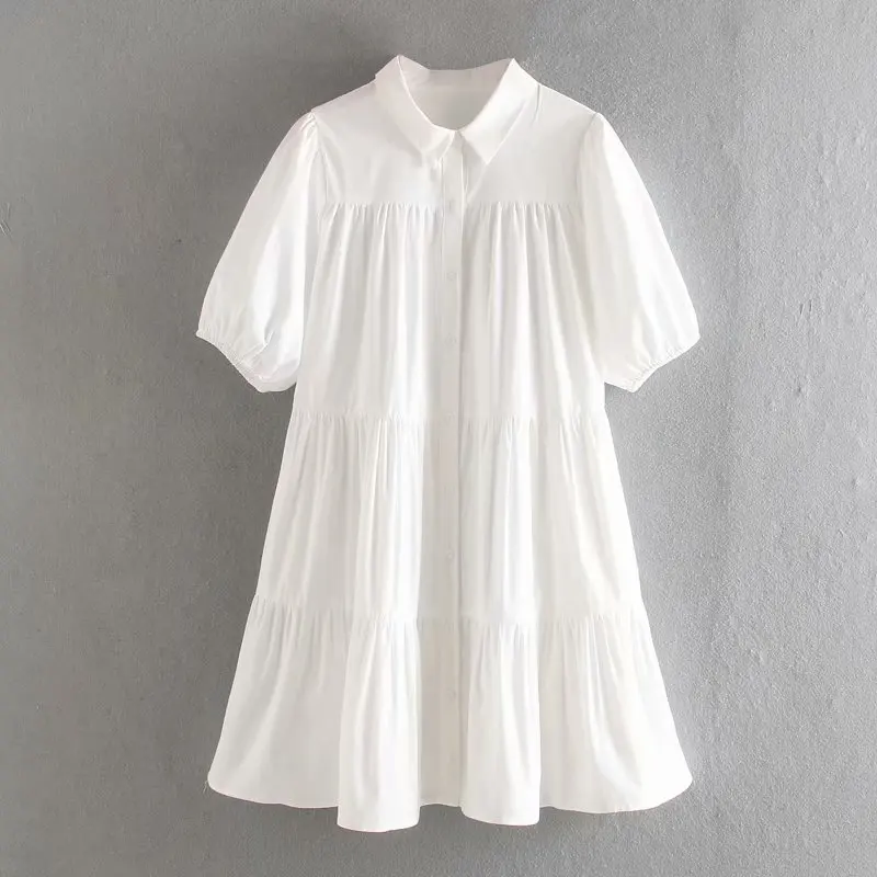 

White color short sleeve 100% cotton shirt dress women summer casual daily wear