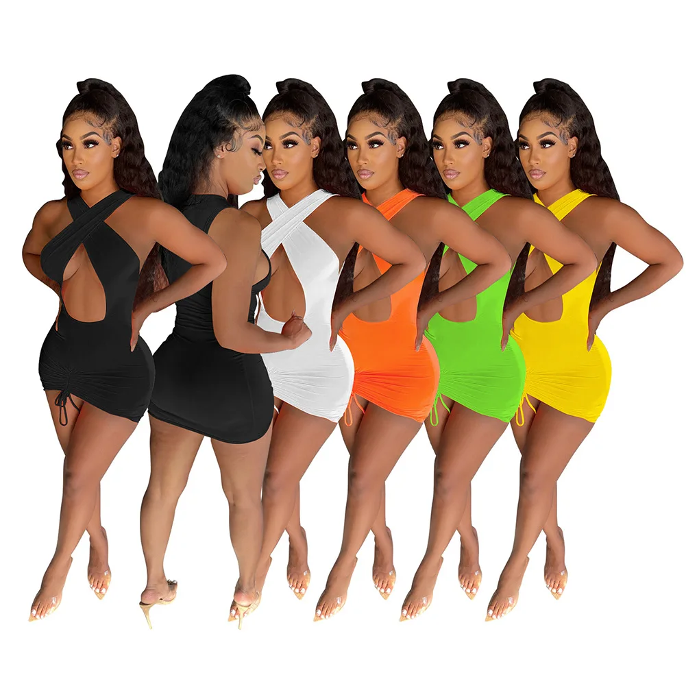 

M448 hollowed-out vest short women's two piece skirt set woman summer halter backless drawstring rouched cleavage dress