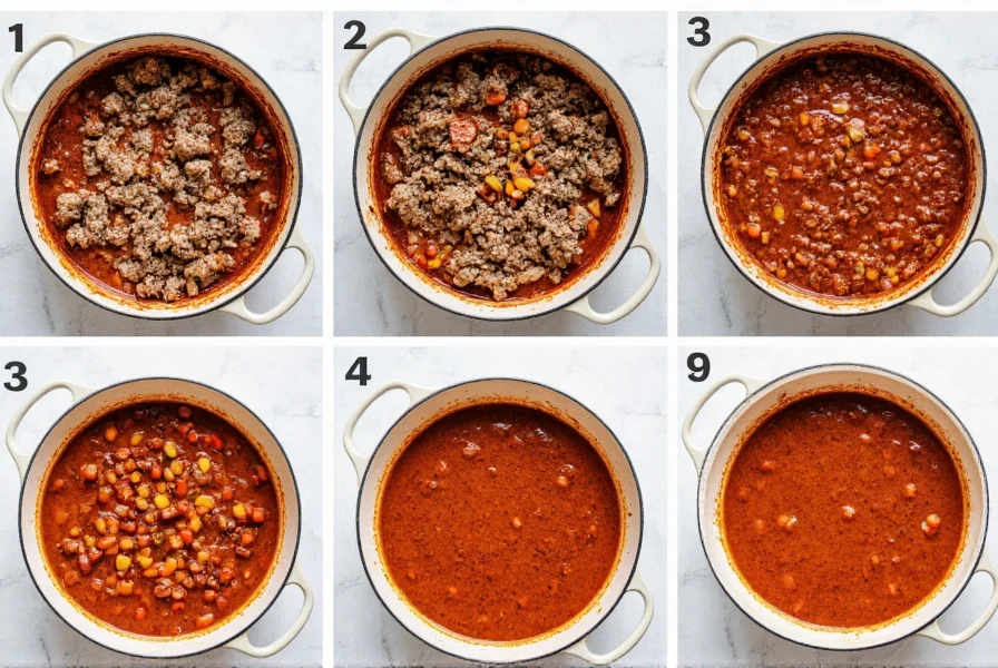 Step-by-step paleo chili cooking process showing browning meat, adding vegetables, and final simmering pot