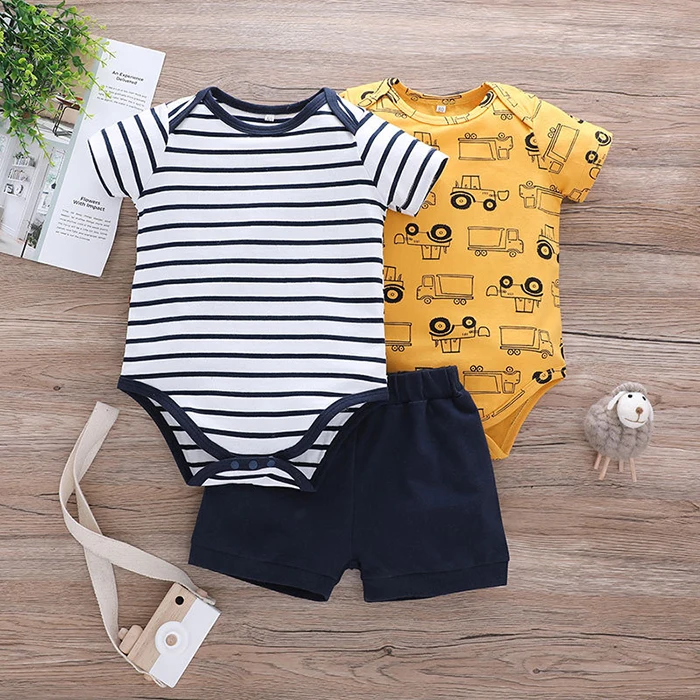 

Wholesale Cartoon Baby Clothing 3 Pcs Sets Summer Short Sleeve Baby Boy Strip Romper With Pants Cotton Kid Romper Sets, Picture shows