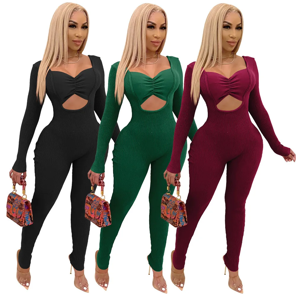 

Hollow Stylish Bodysuit Outfit For Women Autumn Velvet Sexy Tube Top Long Sleeve See Through Jumpsuit Club Wear, Picture color