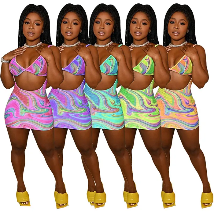 

OEM sexy clothes for women 2021 printed backless dress and bra two piece set