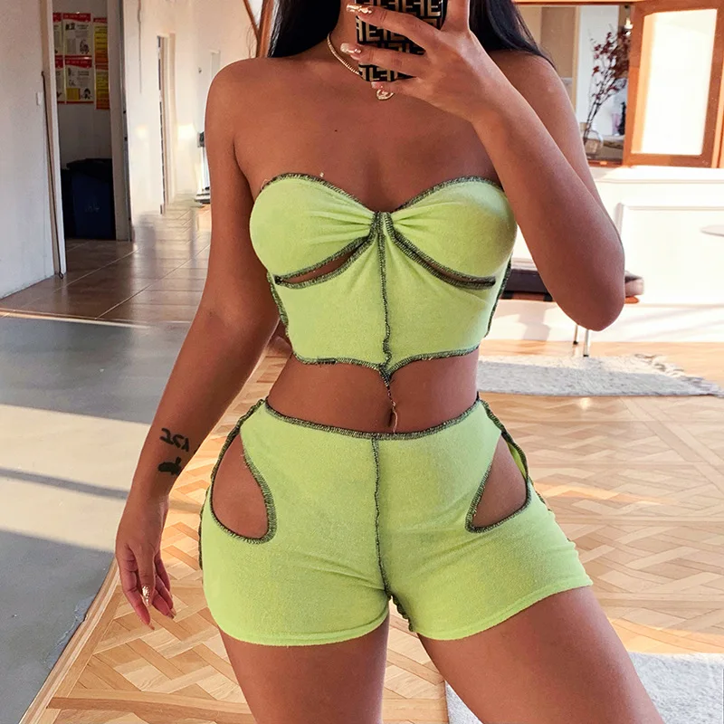 

Dropshipping Sexy Waistless Ripped Hollow Tube Top Shorts Set