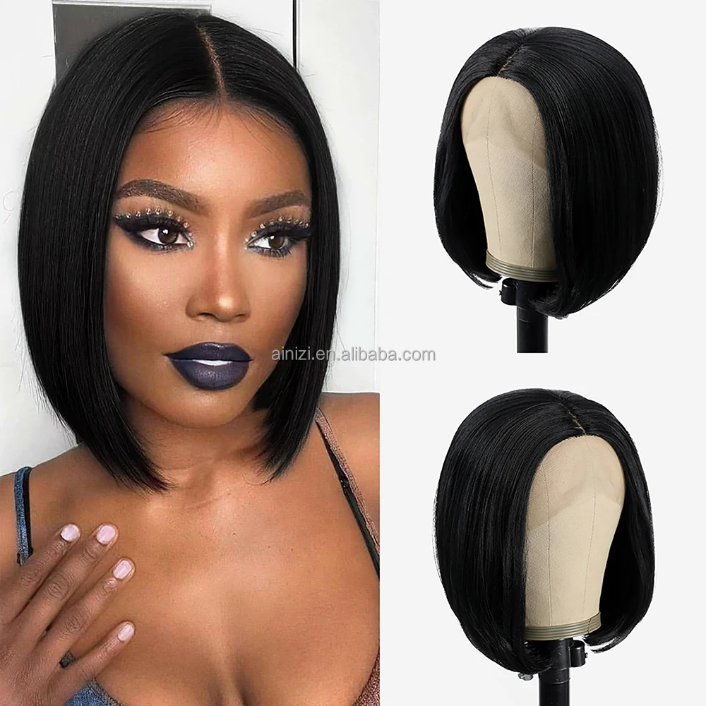 

Ainizi pre-plucked HD lace wigs 12'' short bob yaki style black synthetic hair middle part T part lace front wigs for women