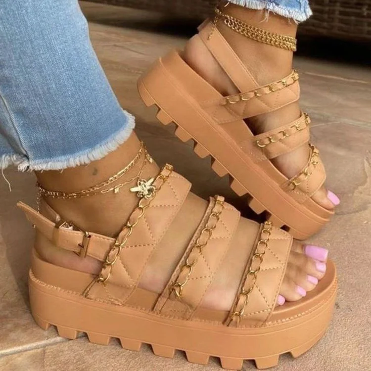

2021 New Arrivals Black Apricot White Summer Plaid Chain Sandals Plus Size Thick Bottom Platform Wedge Pumps Women Dress Shoes, Black apricot white red